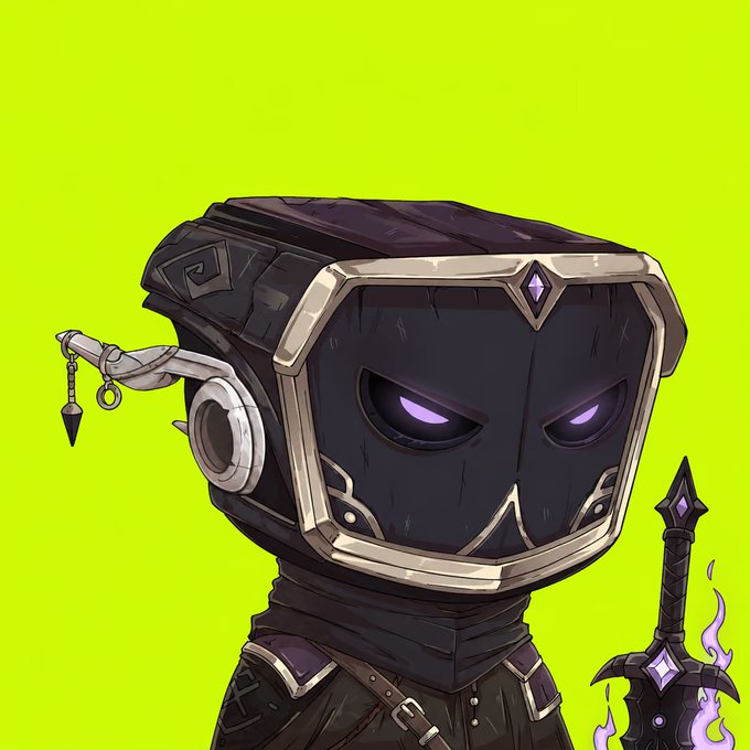 A stylized cartoon character with a dark, boxy helmet featuring glowing purple eyes and a sword stands against a bright yellow-green background, evoking the NFT collection theme. The image ties to the post about the "Blokyz Brokers" NFT drop, showcasing one of the armored knight-like figures from the collection launching tomorrow.