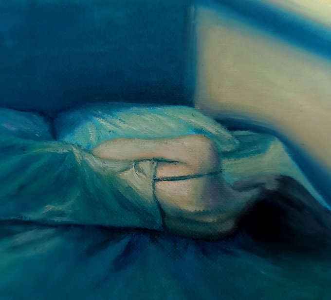 A pastel artwork showing a reclining figure rendered in soft blues and peach tones. The dreamy, intimate composition suits the "Good night" sentiment of the accompanying Tezos objkt post.