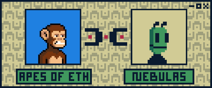 In this image, a collage of two cartoon characters - a monkey (or gorilla) labeled "ape" and another with a green head named "nebulas", are featured alongside text that reads "Nebulas x Apes of Ether happy to announce a collab with fellow pixel frens launching on ETH mainnet @ApesofETH thanks a lot for this 1/1 ape-neb it's an honor for us to be featured in the collection! - top 200 nebula holders getting GTD apelist FREE mint".