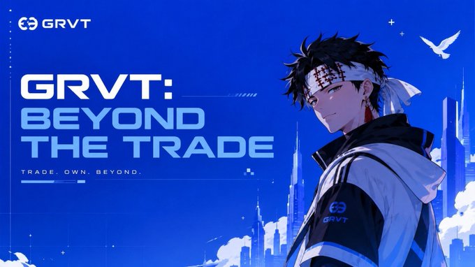 A promotional banner for GRVT with the text 'GRVT: BEYOND THE TRADE' and 'TRADE. OWN. BEYOND.' featuring an anime-style character wearing a bandana and a futuristic outfit against a blue cityscape.