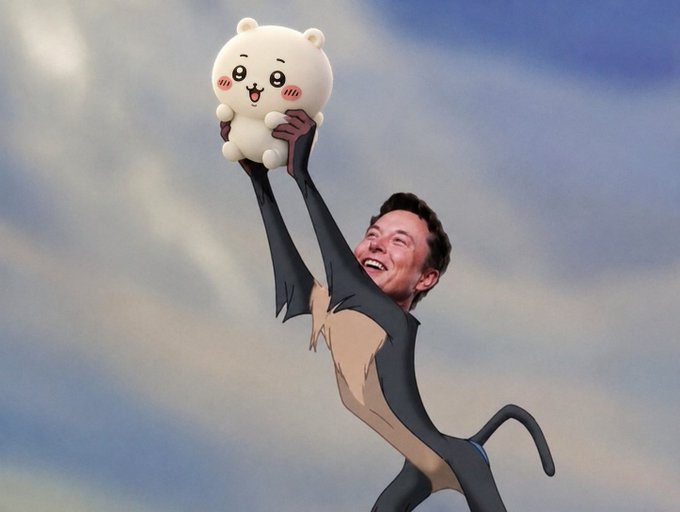The image features a digitally edited figure with Elon Musk's head superimposed on a cartoonish monkey-like body, triumphantly holding up a cute white bear character (resembling Chiikawa) against a cloudy sky—visually symbolizing the playful meme of "monkeys holding up bears," which ties into the "millions are inevitable" caption by depicting a triumphant, almost mythical "to the moon" moment.