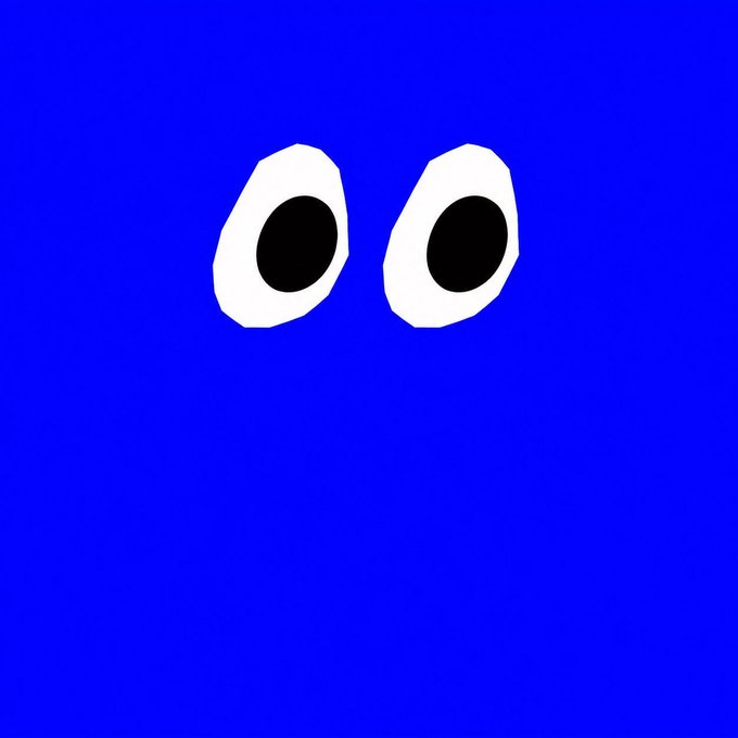 A simple drawing of two large white and black cartoon eyes on a solid blue background.