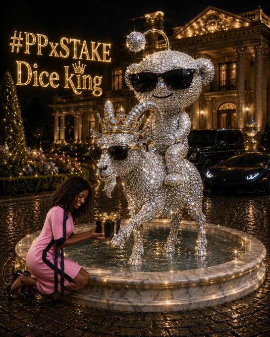 A promotional image featuring a glittering bear statue wearing sunglasses and a crown, with text '#PPxSTAKE Dice King' and a woman in pink kneeling beside it in front of a luxurious mansion.