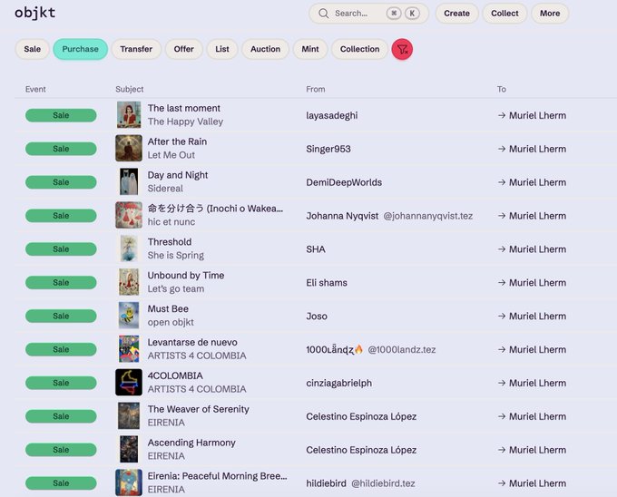 A screenshot of the objkt marketplace interface showing a list of NFT 'Sale' events transferring various artworks from different sellers to a buyer named 'Muriel Lherm'.