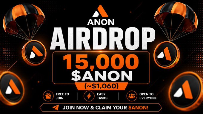 The image is a promotional banner for an "ANON" airdrop, highlighting a prize pool of 15,000 $ANON (~$1,060) with calls-to-action to "JOIN NOW & CLAIM YOUR $ANON!" — it visually corresponds to the accompanying post about the AnonKyc Airdrop, which details smaller individual rewards (70 $ANON per random winner and 8,000 $ANON for top referrers) and promotes the same Telegram airdrop campaign.