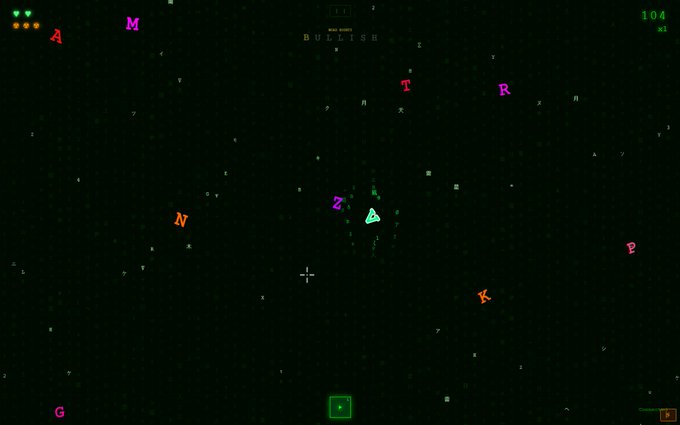 A retro-style arcade space shooter game screen titled "BULLISH" with a score of 104, featuring a small green player ship in the center surrounded by scattered colorful letters (A, M, T, R, Z, N, K, P, G) and enemy indicators.