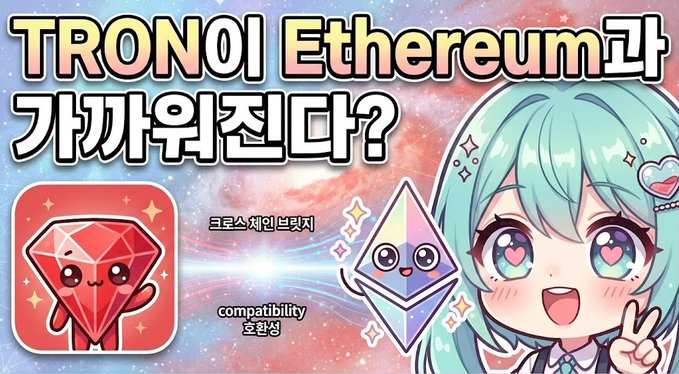A YouTube thumbnail with Korean text asking "TRON이 Ethereum과 가까워진다?" (Is TRON getting closer to Ethereum?), featuring cute cartoon mascots for TRON and Ethereum with a kawaii anime-style character on the right.