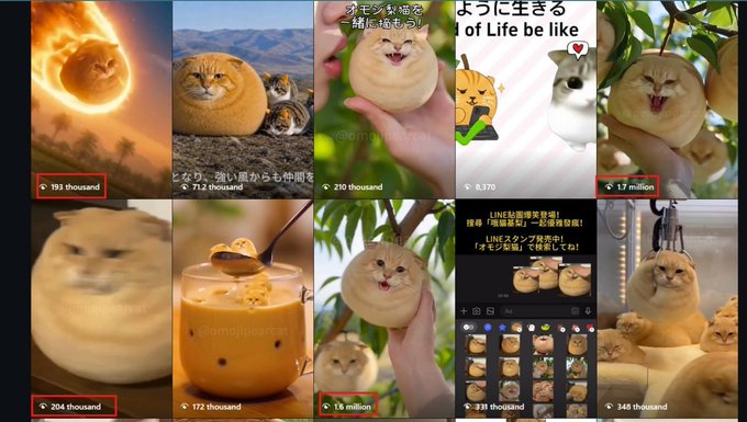 The image displays a collage of 10 viral social media posts featuring a round, cat-faced pastry character known as "Omegji," with view counts ranging from 1.7 million to 370, including standout posts showing 1.7 million, 1.6 million, and 210,000 views. The accompanying caption promotes $OMOJI as a memecoin ("WILL DO NUMBERS"), and the image directly supports this by showcasing the massive viral engagement (around 10 million views weekly) that the Omegji character generates, suggesting strong cultural momentum for the associated token.