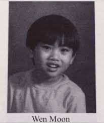 A childhood black-and-white photo of a young boy with dark hair smiling, captioned 'Wen Moon' below the image.