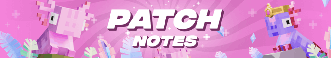 A pink banner displaying 'PATCH NOTES' in bold white 3D text surrounded by Minecraft-style pig characters and crystals.