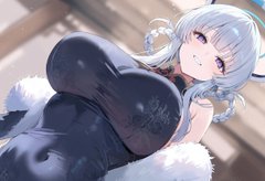 An anime-style character with silver hair and a black winter outfit with fur trim is shown looking back over her shoulder, likely representing "haste," an indie game character referenced in the post's teasing comment about an original idea.