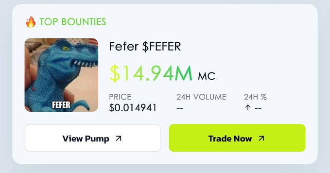 A "Top Bounties" card highlights the Fefer ($FEFER) meme token, featuring a blue T-Rex image, a market cap of $14.94M, and a price of $0.014941, with "View Pump" and "Trade Now" buttons. The card visually represents the $FEFER token gaining traction on Tether's Stable Chain, as mentioned in the post about the meme being promoted by Tether's founder.