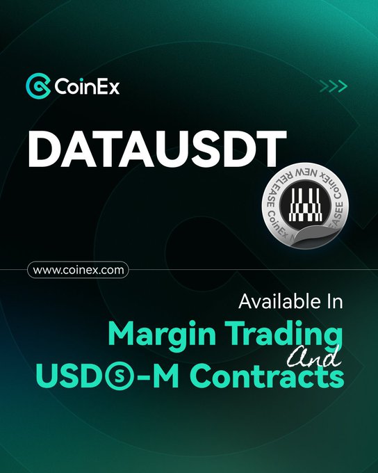 CoinEx announces that $DATAUSDT is now available for Margin Trading and USDⓈ-M Contracts. The promotional graphic features the CoinEx logo, the DATA token badge, and the URL www.coinex.com, highlighting the expanded trading options for the Data cryptocurrency.