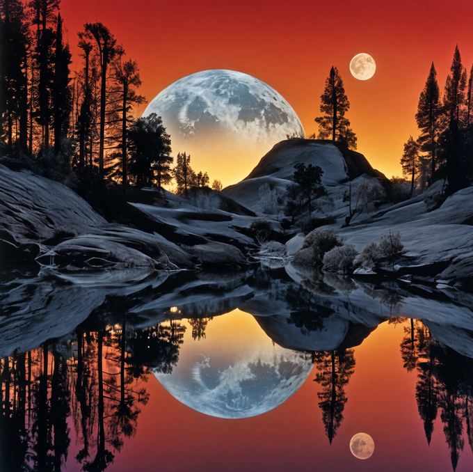 A surreal landscape at sunset featuring a large moon and smaller moon in a fiery orange-red sky, with silhouetted pine trees and rock formations perfectly reflected in a still lake below.