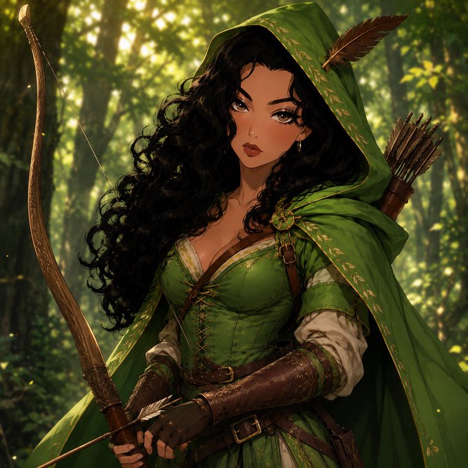 A digital illustration of a woman with long dark curly hair, wearing a green hooded cloak adorned with leaves and a matching corset. She is holding a bow and has a quiver of arrows on her back, set against a forest background.