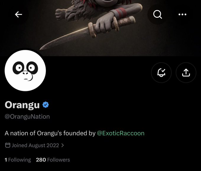 A Twitter profile page displays the account "Orangu" (@OranguNation), featuring a black-and-white panda avatar and a banner with a knife-wielding figure. The bio reads: "A nation of Orangu's founded by @ExoticRaccoon" and shows "Joined August 2022" and "280 Followers".