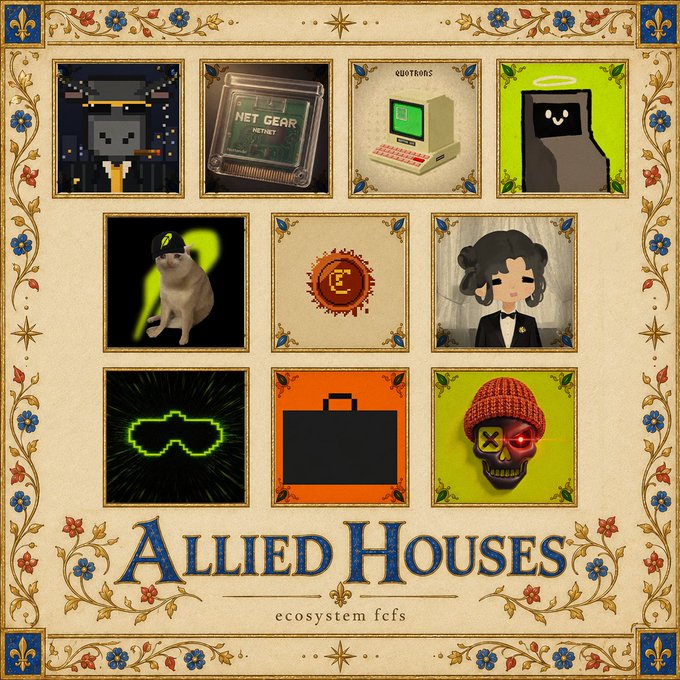 A decorative medieval-style crest titled "Allied Houses ecosystem fcs" displays a grid of ten illustrated tiles representing various NFT communities—including Sight Hood, Cash Cats, Fuwa Cousin, Quotrons, Stonk Broker, Mancer, Robin Wif Hat, and NetNet—symbolizing the allied NFT projects whose holders will gain whitelist access to the third gate of the "RBH" ecosystem mint.