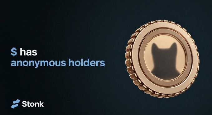 A promotional graphic with the text '$ has anonymous holders' next to a gold coin featuring a black cat silhouette, branded with the Stonk logo.