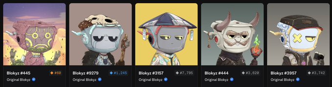 A row of five stylized "Blokyz" NFT character cards labeled Blokyz #445, #9279, #3157, #444, and #3957, each showing a different unique chibi-style avatar with varying trait counts and prices.