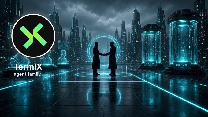 A futuristic sci-fi image featuring a TermiX agent.family logo, showing two silhouetted figures shaking hands in front of glowing escrow portals and a neon-lit cyberpunk cityscape.