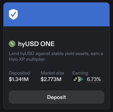 A DeFi interface card for 'hyUSD ONE' offering lending against stable yield assets with 6.73% earnings, showing $1.341M deposited and a $2.773M market size.