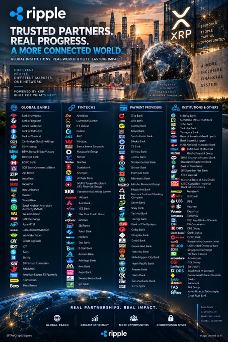 A Ripple promotional infographic titled 'TRUSTED PARTNERS. REAL PROGRESS. A MORE CONNECTED WORLD.' featuring the XRP logo and listing global banks, fintechs, payment providers, and institutions across four columns.