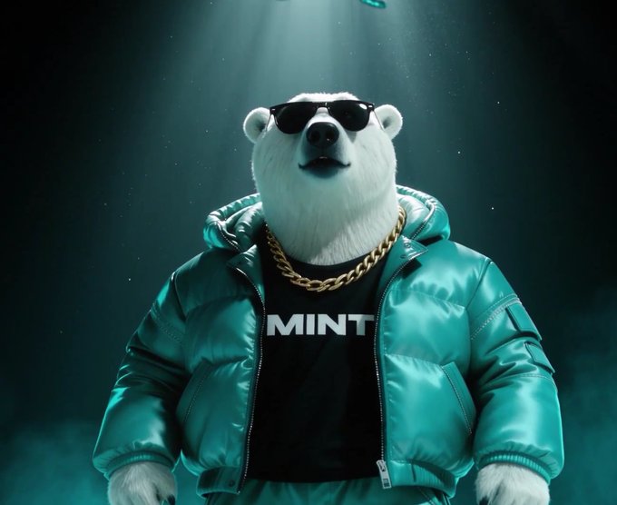 A polar bear wearing sunglasses, a gold chain, and a shiny turquoise puffer jacket over a 'MINT' shirt.