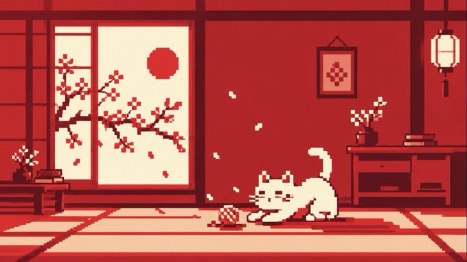 A pixel art illustration in red and cream colors showing a white cat playing with a yarn ball in a traditional Japanese-style room with cherry blossoms visible through the window.