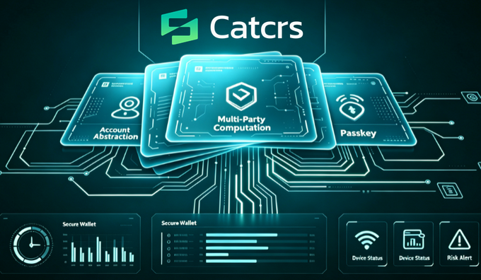 A futuristic digital dashboard displays the "Catcrs" logo alongside three glowing feature panels highlighting "Account Abstraction," "Multi-Party Computation," and "Passkey" security technologies, with lower panels showing Secure Wallet analytics and device/risk alerts—visually reinforcing the article's focus on how institutions are redefining account security through advanced cryptographic methods.