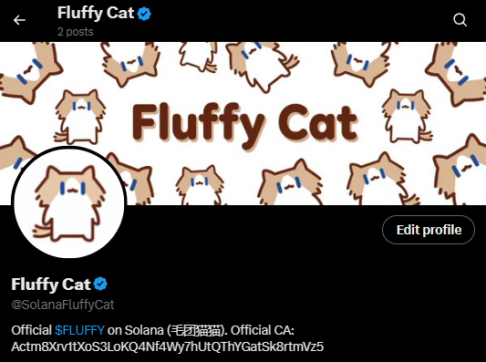 A Twitter/X profile page for 'Fluffy Cat' (@SolanaFluffyCat) with a verified badge, featuring cartoon cat illustrations and identifying as the Official $FLUFFY token on Solana with a contract address shown.