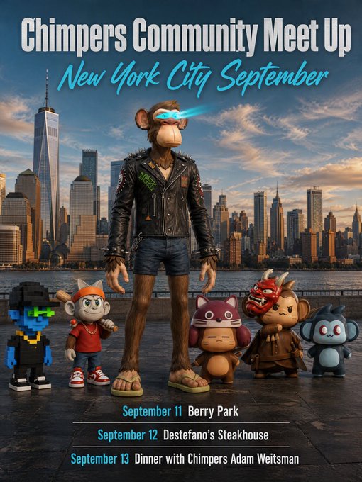 'Chimpers Community Meet Up' poster for New York City in September, featuring NFT chimpanzee characters with a NYC skyline backdrop, listing events on September 11-13.