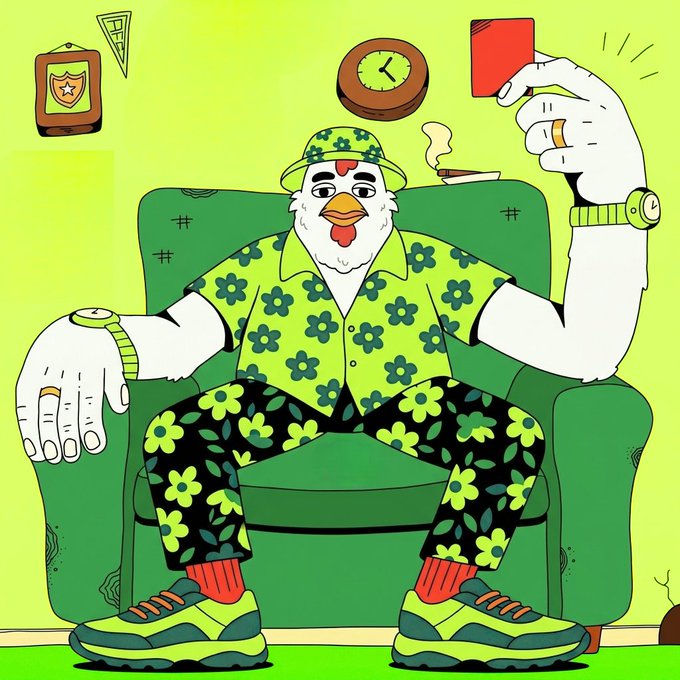 A cartoon chicken dressed in a green floral shirt and matching hat lounges in an armchair, holding up a red card while wearing a gold watch and ring. The colorful, meme-style illustration aligns with the post's playful tone, promoting "The Coop" on Robinhood and directing viewers to clucky.xyz.