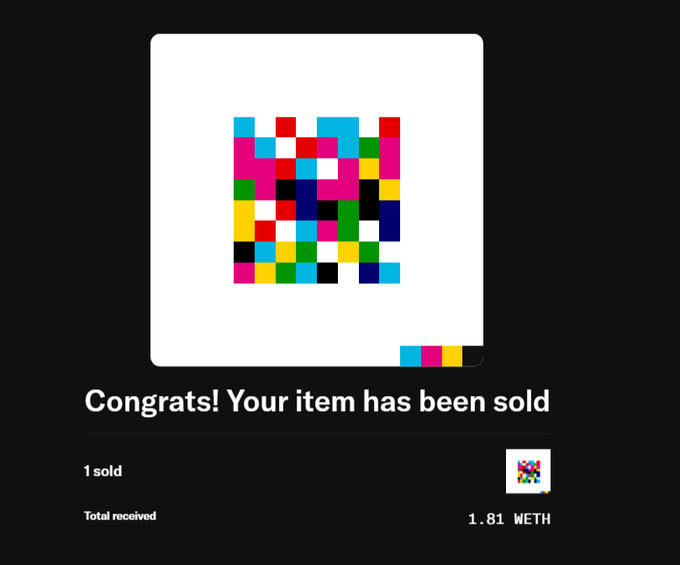 The screenshot displays a sale confirmation reading "Congrats! Your item has been sold" showing "1 sold" with a "Total received" of "1.81 WETH," paired with @jackbutcher's post suggesting a profitable crypto flip from $8 to $5000.