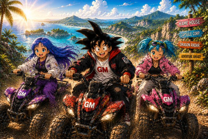 An anime-style artwork showing three characters riding colorful ATVs through a tropical landscape, with directional signs reading 'KAME HOUSE', 'CAPSULE CORP', 'DRAGON RADAR', and 'ADVENTURE AHEAD!', and the vehicles marked 'GM'.