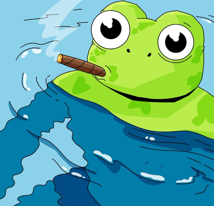 A cartoon illustration of a green frog smoking a cigar while floating in blue water.