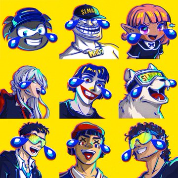 The image features a group of nine cartoon-style faces, each with different expressions and accessories such as glasses or hats. The faces are arranged in a square grid pattern against a yellow background. The caption for the image reads "for $BRETT there was @CrushiusClay69 for @TROLL there was @xbtDLN for @BTC there was @saylor and for @LMAO! there is all of us." This suggests that the faces are part of a larger collection or series, possibly related to a specific event or theme.