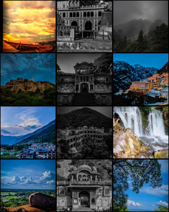 A photo collage featuring 12 images arranged in a 4x3 grid, showcasing nature and architecture through the photographer's lens—including sunsets, mountain landscapes, waterfalls, and historical stone temples/buildings (some in black and white)—aligned with the "Tezos Tuesday Special" mint 1+get 1 NFT edition aimed at spreading awareness about nature and our planet.