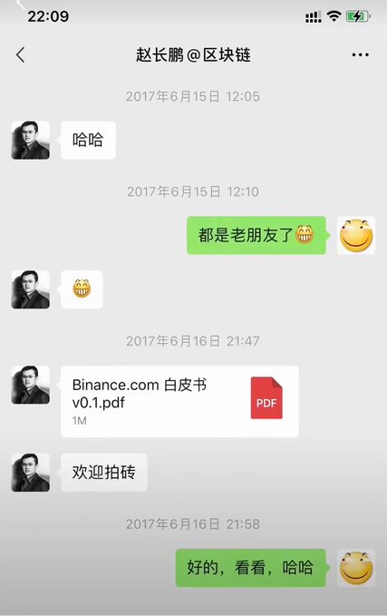 WeChat conversation screenshot dated June 15-16, 2017, with messages in Chinese including '哈哈', '都是老朋友了', '欢迎拍砖', and '好的,看看,哈哈', along with a shared PDF file named 'Binance.com 白皮书 v.0.1.pdf'.