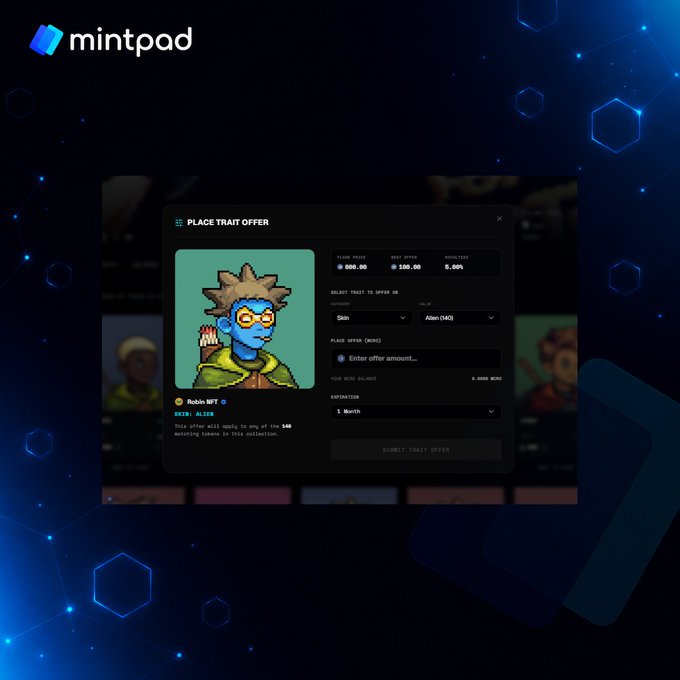 A screenshot of a digital marketplace interface on 'mintpad' showing a 'PLACE TRAIT OFFER' modal for an NFT character called 'Robin NFT' with traits like Skin and Alien (142), priced in USDT, WBTC, and ETH.