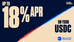 A promotional graphic offering up to 18% APR on USDC through Base, featuring text "UP TO 18% APR ON YOUR USDC" and the Base logo on a dark blue background.