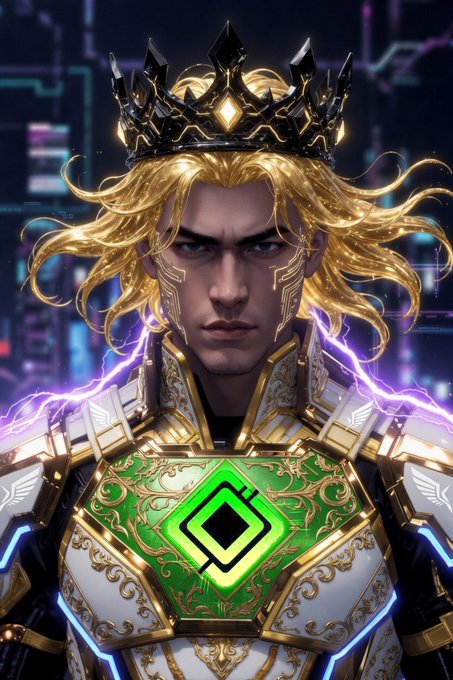 The image features a man wearing a green and gold armor with a crown on his head, standing against a dark background. He has blonde hair styled in loose waves and is looking directly into the camera. The caption reads "History Is Being Written Years from now, when the EVOP Metaverse is filled with corporations, stock exchanges, luxury assets, businesses, digital citizens, and thriving economies... There will only be one group that can say they were there at the beginning".