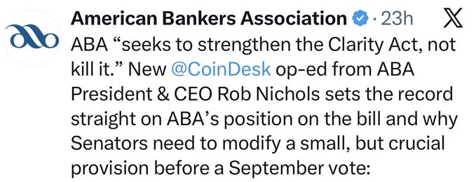 The image is a tweet from the American Bankers Association quoting a CoinDesk op-ed by ABA President & CEO Rob Nichols, advocating for modifications to the CLARITY Act before a September vote. The accompanying post expresses support for Nichols's work but warns that his proposed "small" changes could hinder stablecoin adoption at a critical time.