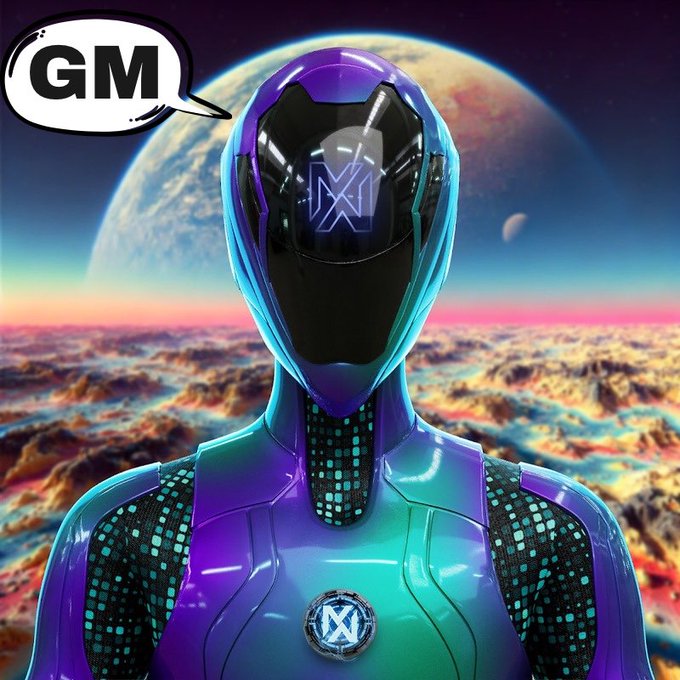 A futuristic AI robot with a sleek purple and blue body stands before a cosmic backdrop of planets and clouds, with a speech bubble reading 'GM' (Good Morning) in the upper left corner.