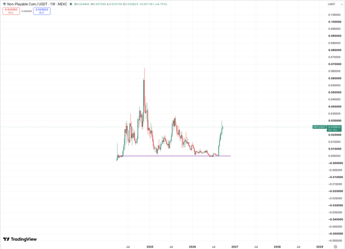 A TradingView chart shows the price action of Non-Playable Coin (USDT) with notable volatility, ranging roughly between 0.01 and 0.06 on the USD axis.