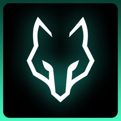 Minimalist white line-art logo of a stylized fox or wolf head on a dark green background.