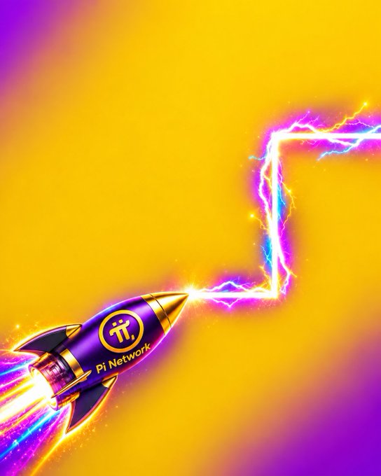 A vibrant yellow and purple illustration shows a sleek rocket emblazoned with the Pi Network logo (π) and "Pi Network" text blasting upward with a trail of neon blue lightning toward an upward-pointing arrow, symbolizing a price surge or launch.

The image complements the post by visually representing Pi Network's rocket emoji (🚀) "launching" toward new heights, reinforcing the optimistic, bullish sentiment expressed by the celestial and ascent-themed emojis.