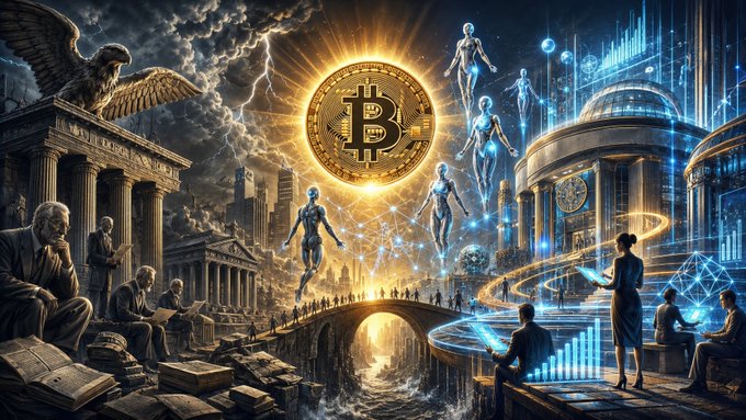 A dramatic digital artwork depicting a glowing Bitcoin emblem at the center, flanked by classical columns with scholars on one side and futuristic AI figures with rising charts on the other, symbolizing the ongoing tension between traditional skepticism of Bitcoin's future (despite repeated "Bitcoin is dead" narratives and skeptics like Michael Saylor being labeled villains) and emerging signs of bullish reversal in the crypto market.