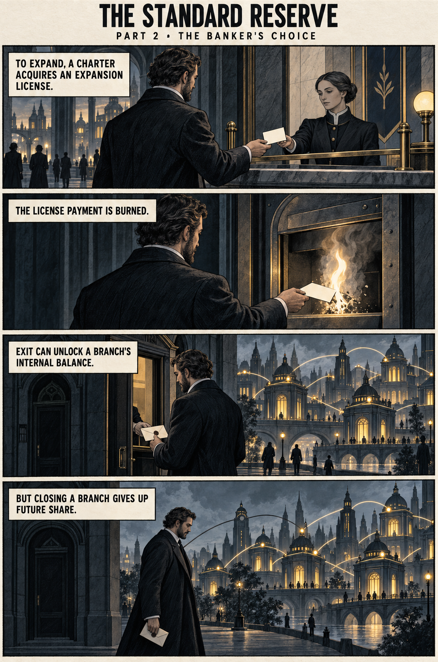 A comic-style illustration titled 'THE STANDARD RESERVE PART 2 • THE BANKER'S CHOICE', showing four panels depicting a man in a dark coat performing various banking-related actions.