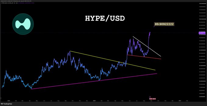 A TradingView chart displays the HYPE/USD price pair, currently valued at 89.90922222, featuring technical analysis with trendlines indicating a recent sharp price spike alongside a descending triangle pattern. The chart highlights HYPE's volatility and significant upward momentum within its overall trend structure.