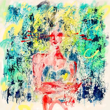 A vibrant abstract oil painting on canvas depicting a red-toned female figure set against a chaotic background of blue, green, and yellow brushstrokes, representing "THE ZEPHR" artwork from 2005 that was sold as a 1/1 on Ordinals for 0.008 BTC.